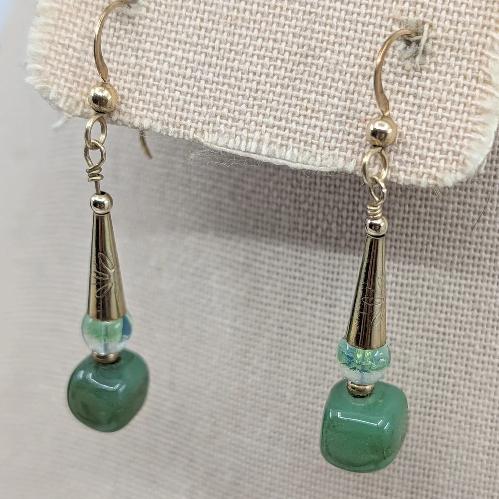 Vintage Handmade Green Glass Dangle Earrings | Boho Drop Style | Lightweight